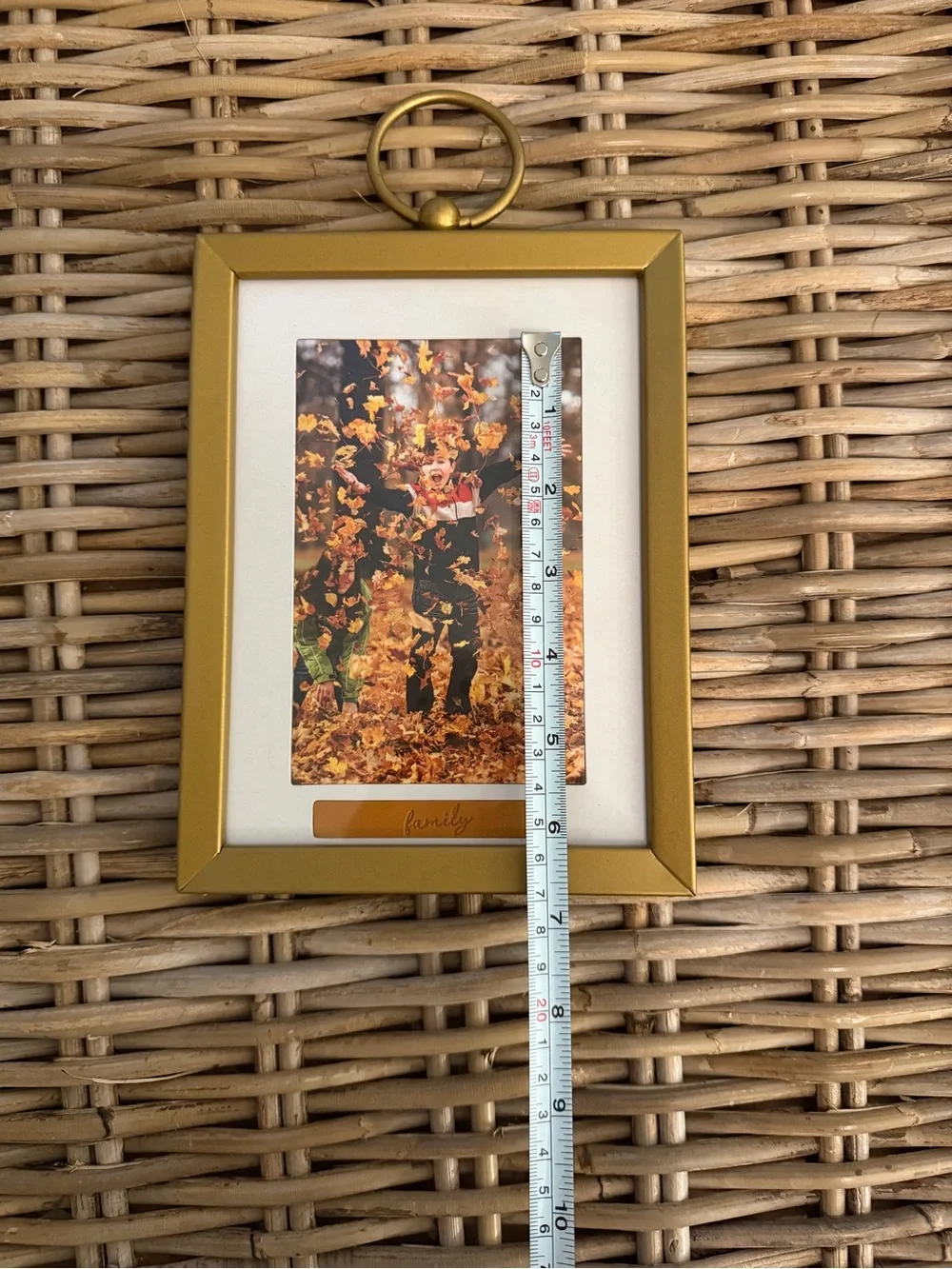 Gold Metal Picture Frame w Tan Lather 'Family' Tag - fits 3.5 x 5